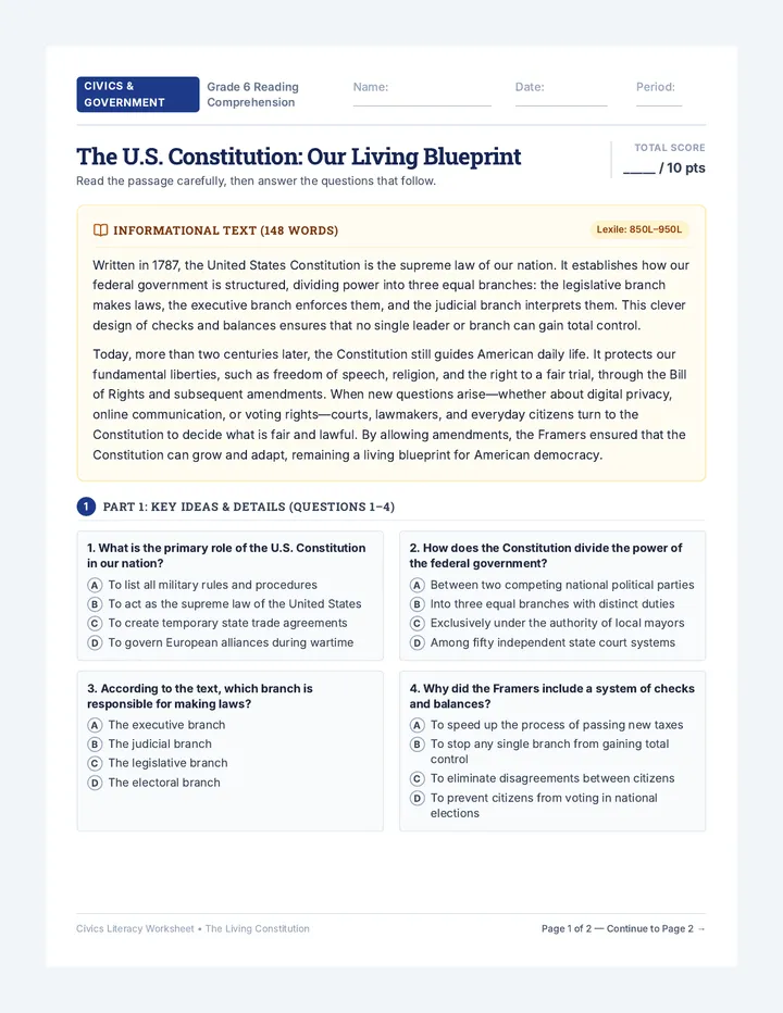 Constitution Blueprint Reading Worksheet