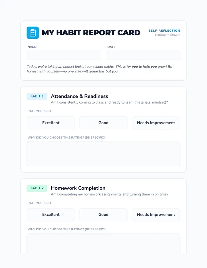 Habit Report Card Worksheet