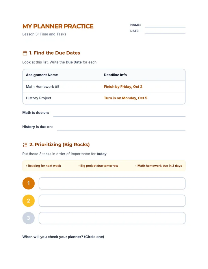 Time and Tasks Worksheet