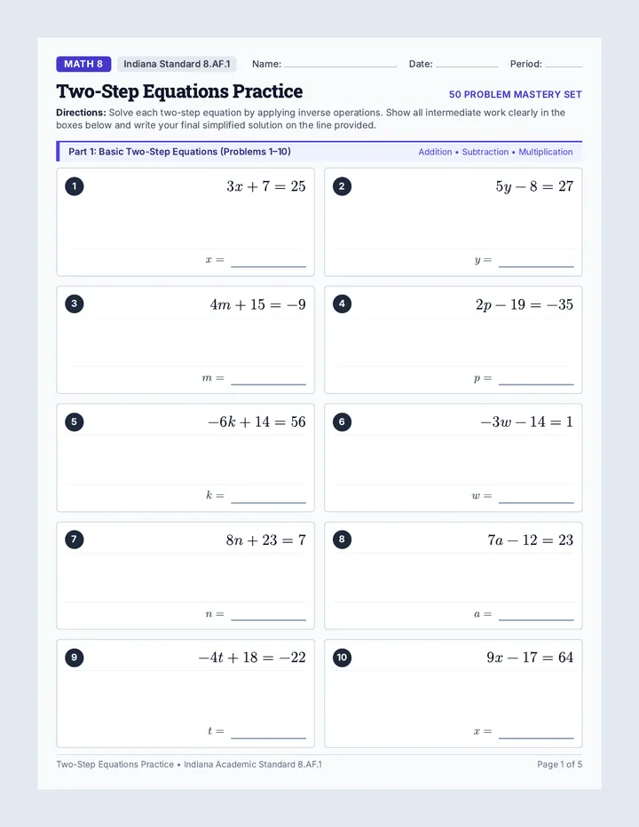 Two-Step Equations Practice Worksheet