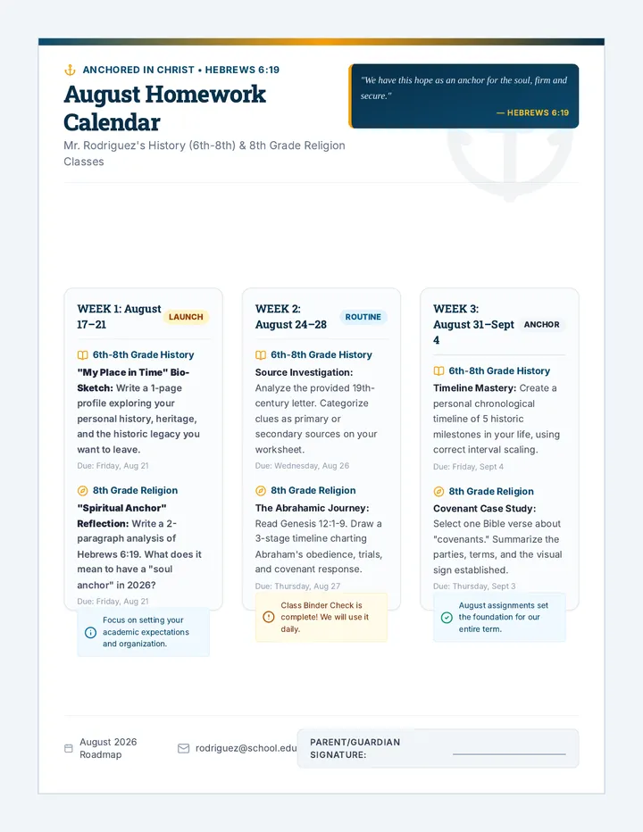 Anchored August Homework Calendar