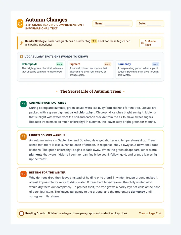 Autumn Changes Reading Worksheet
