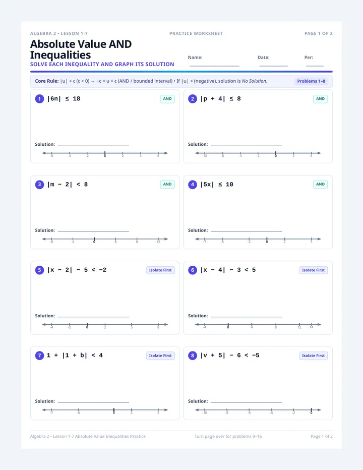 Absolute Value AND Inequalities Worksheet