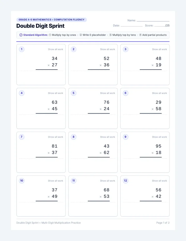Double Digit Sprint Worksheet