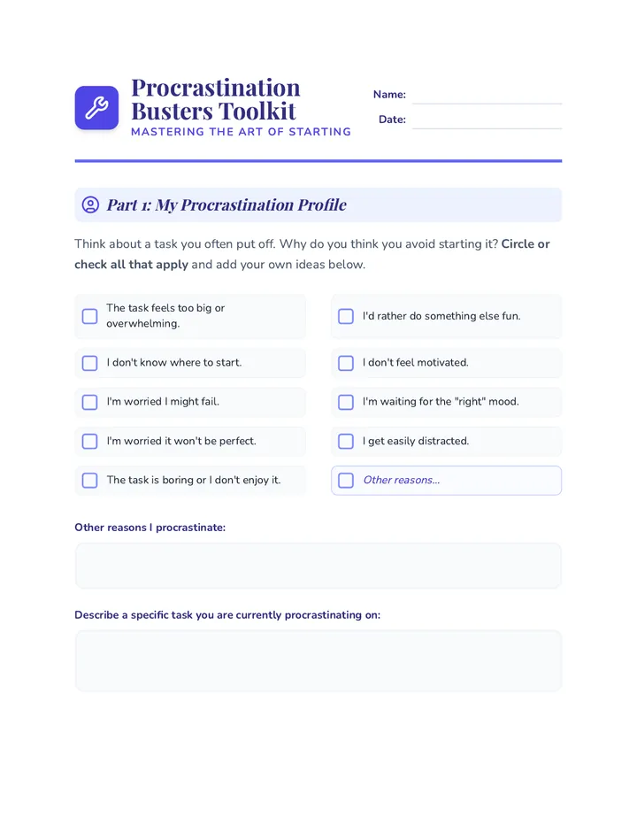 Procrastination Busters Toolkit Worksheet