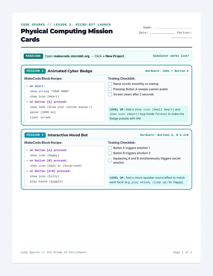 Microbit Mission Cards Activity