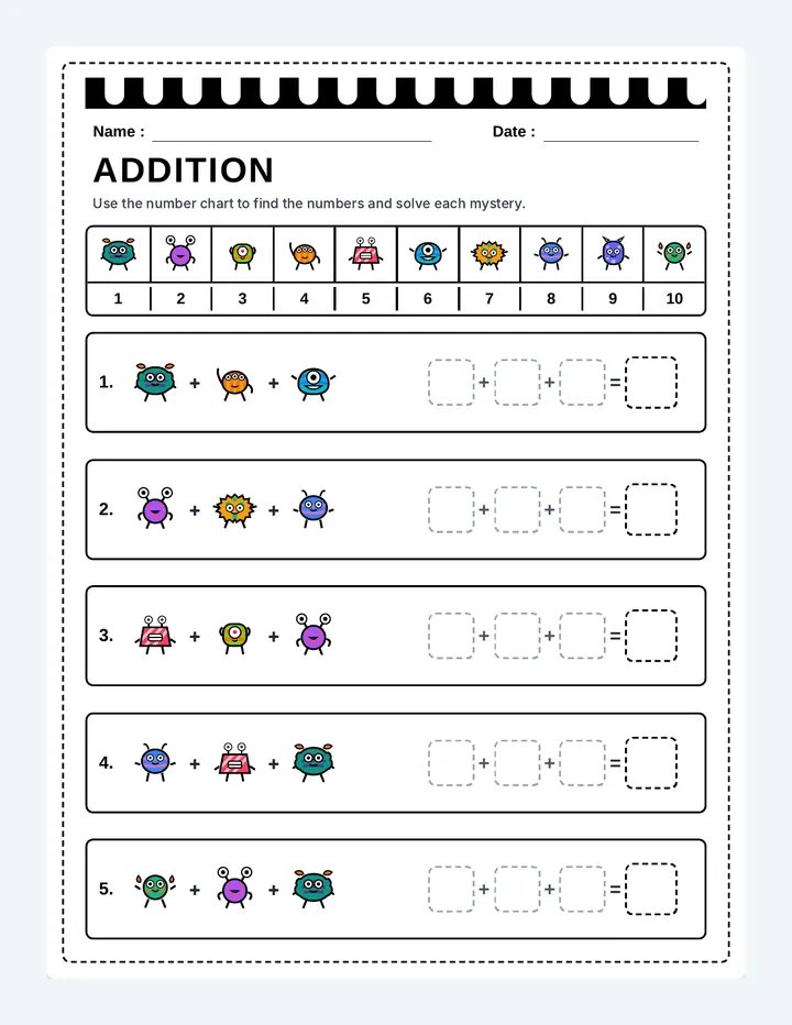 Monster Mystery Addition Worksheet page 1