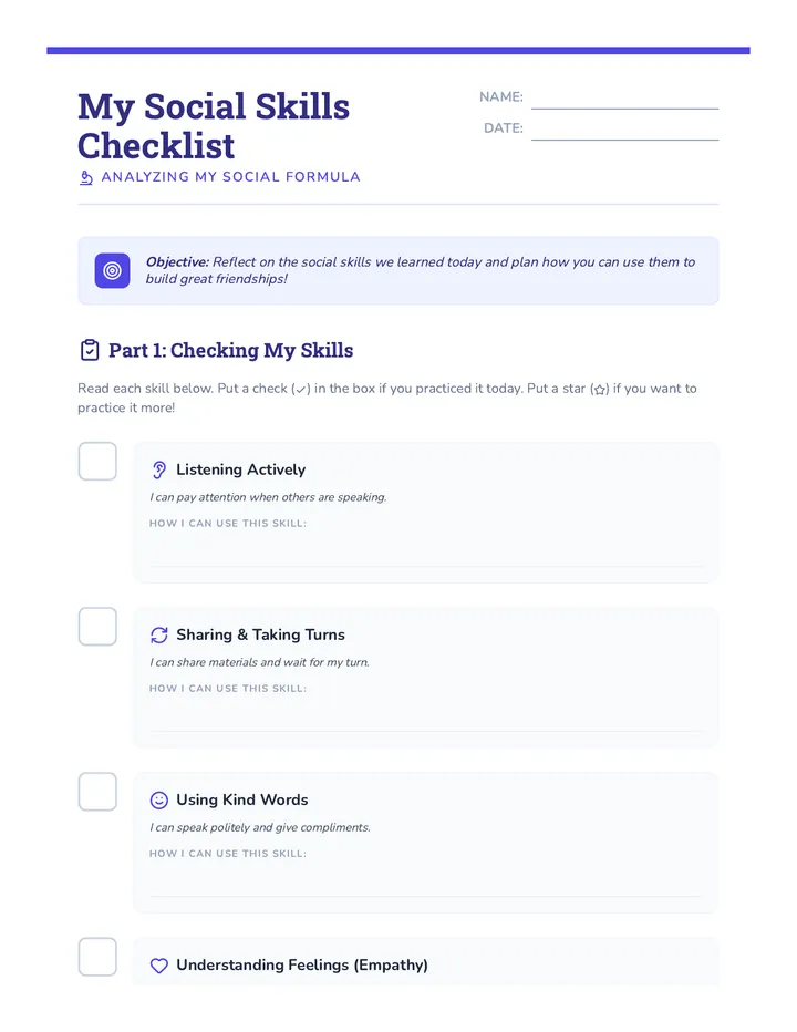 Social Skills Checklist Worksheet