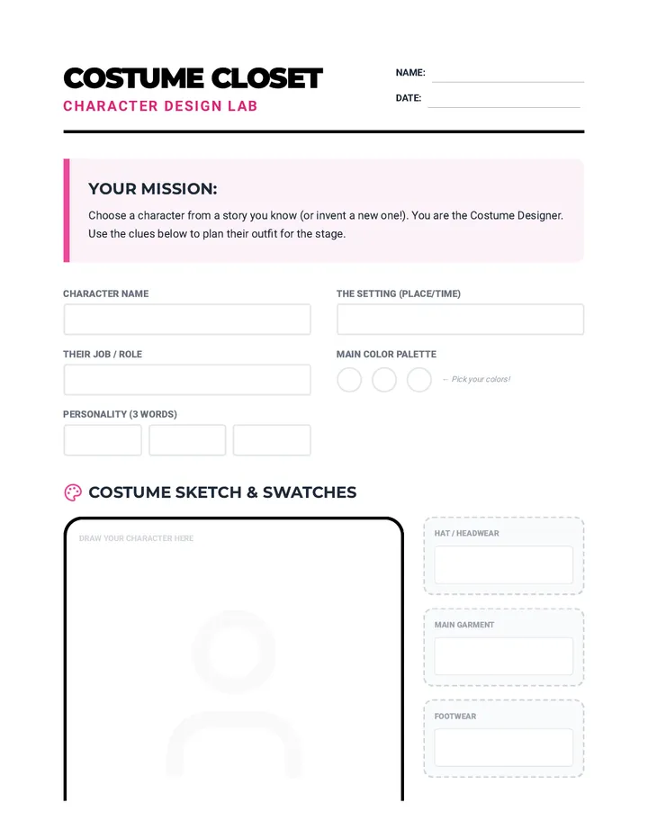 Costume Closet Worksheet