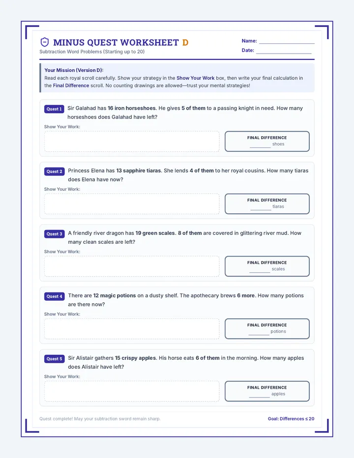 Minus Quest Worksheet D