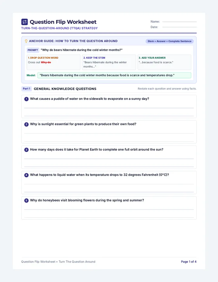 Question Flip Worksheet