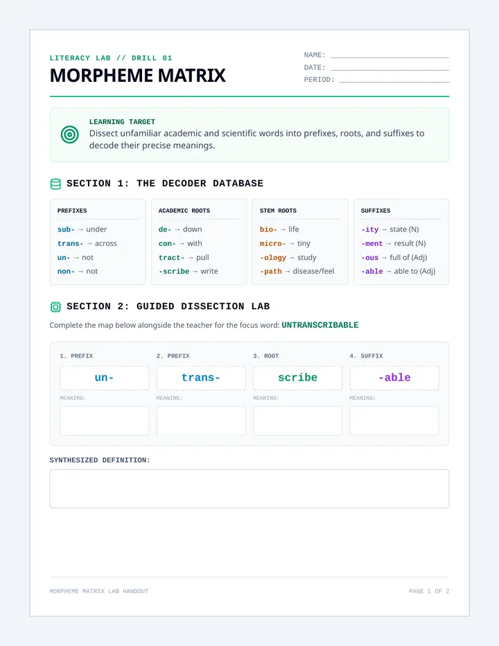Morpheme Matrix Worksheet