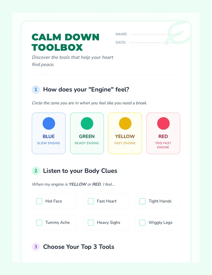 Calm Down Toolbox Worksheet