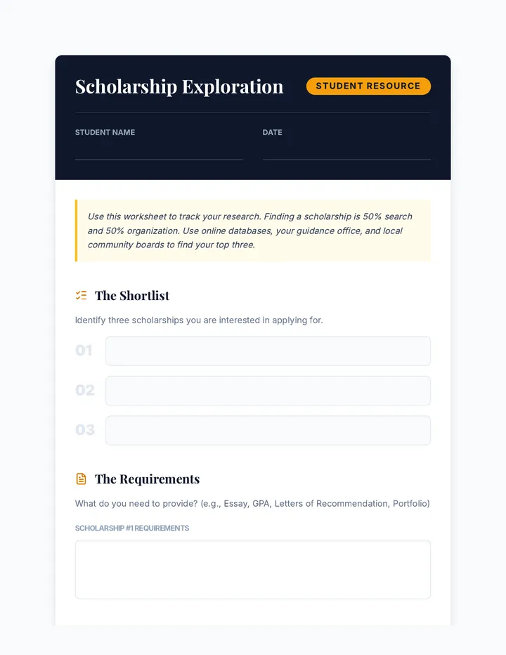 Scholarship Exploration Worksheet