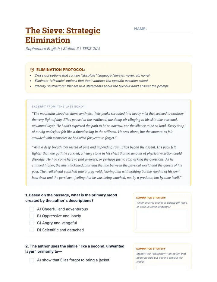 Process of Elimination Worksheet