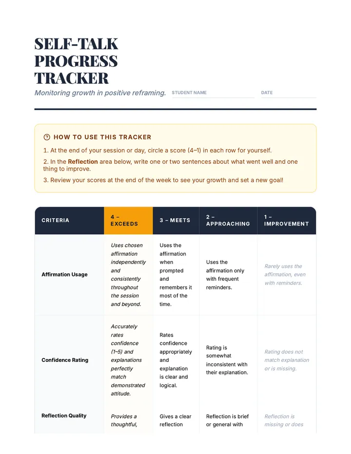Self Talk Progress Tracker Rubric Document