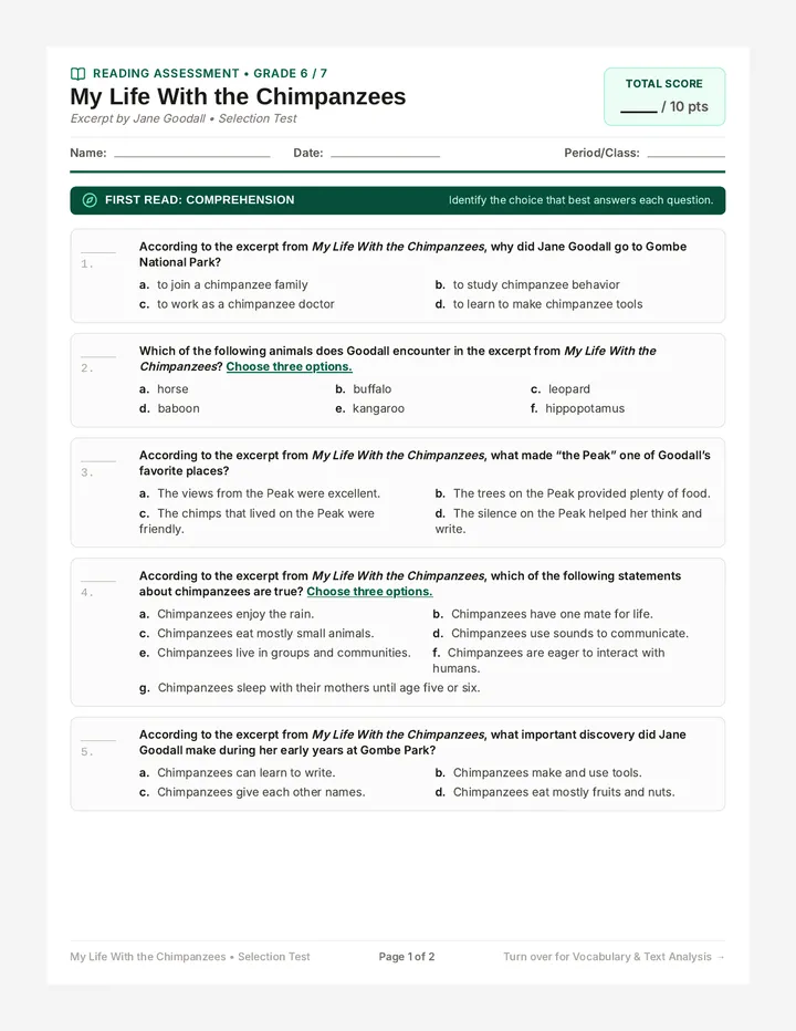 Chimpanzee Chronicles Quiz