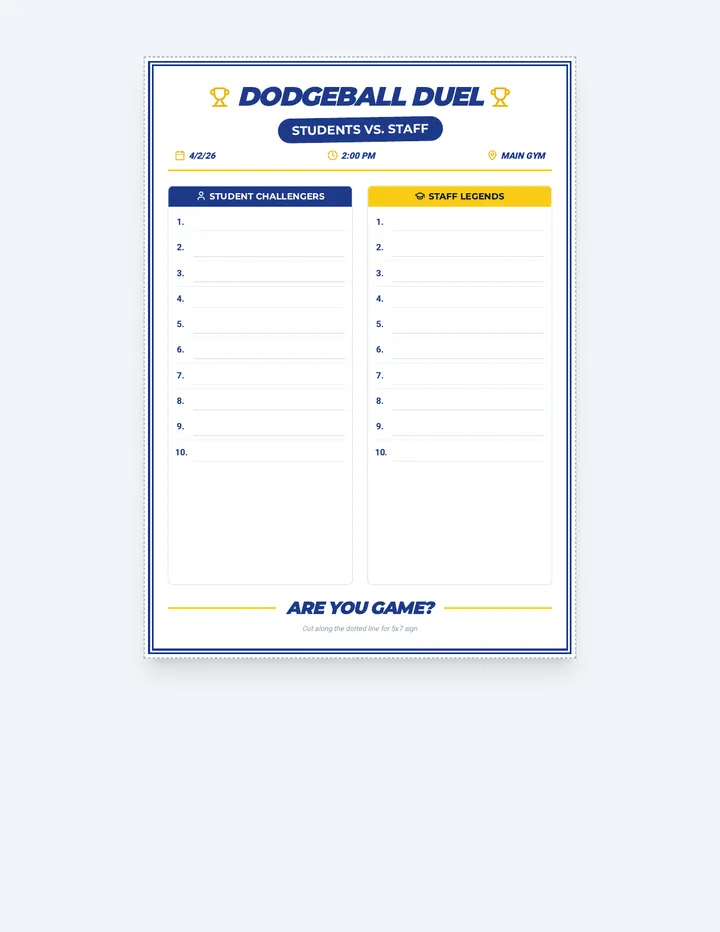 Dodgeball Duel Signup Sheet 5x7