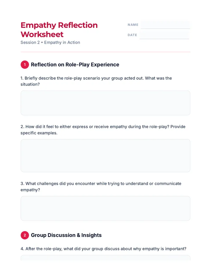 Session 2 Empathy Reflection Worksheet Activity