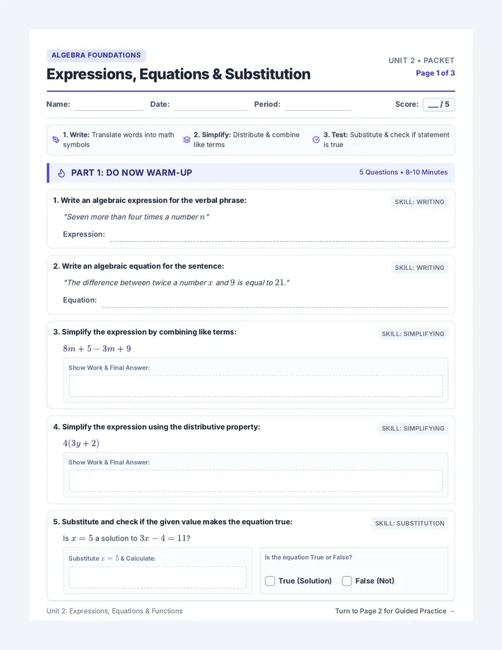 Expression Equation Mastery Packet