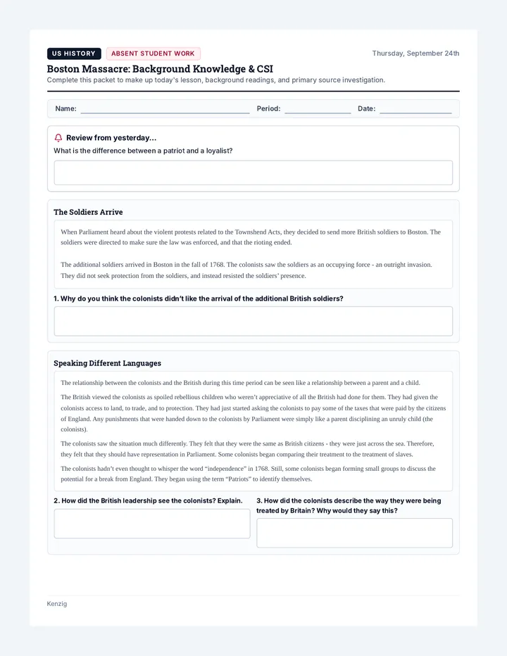 Boston Massacre Absent Worksheet