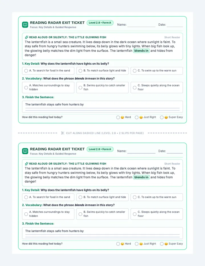 Reading Radar Exit Ticket