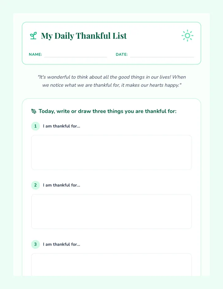 My Daily Thankful List Worksheet