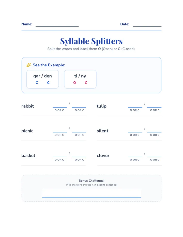 Spring Syllable Practice Worksheet