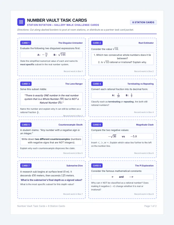 Number Vault Task Cards Worksheet
