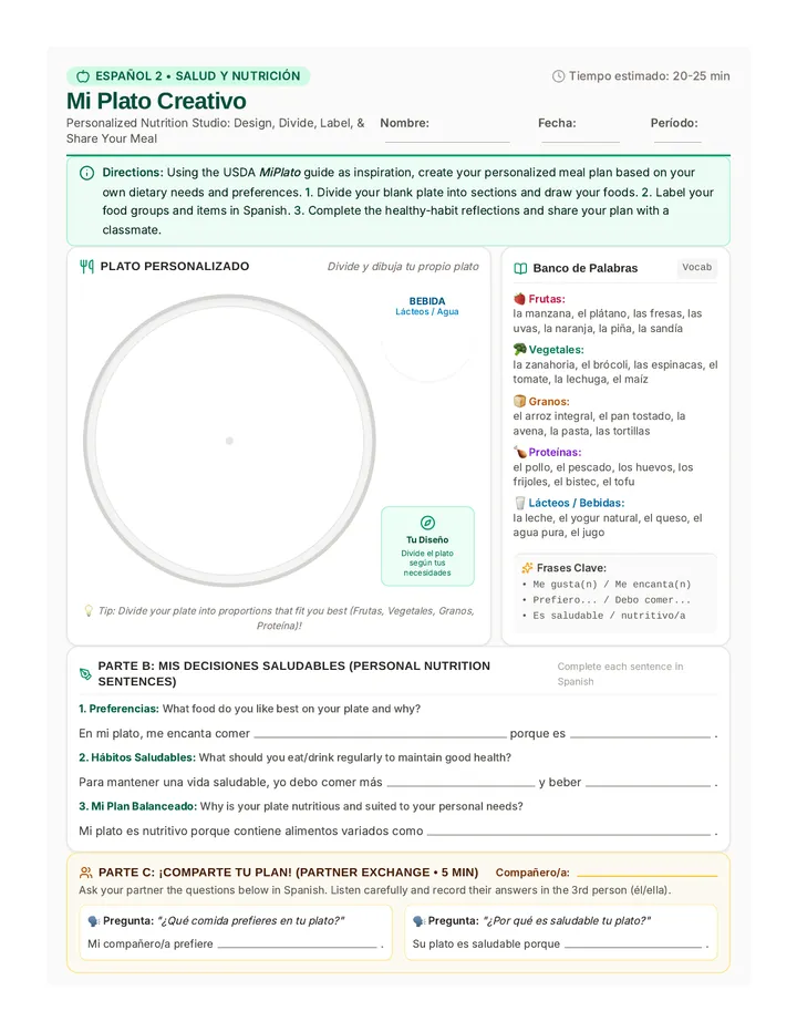 Mi Plato Creativo Activity Sheet