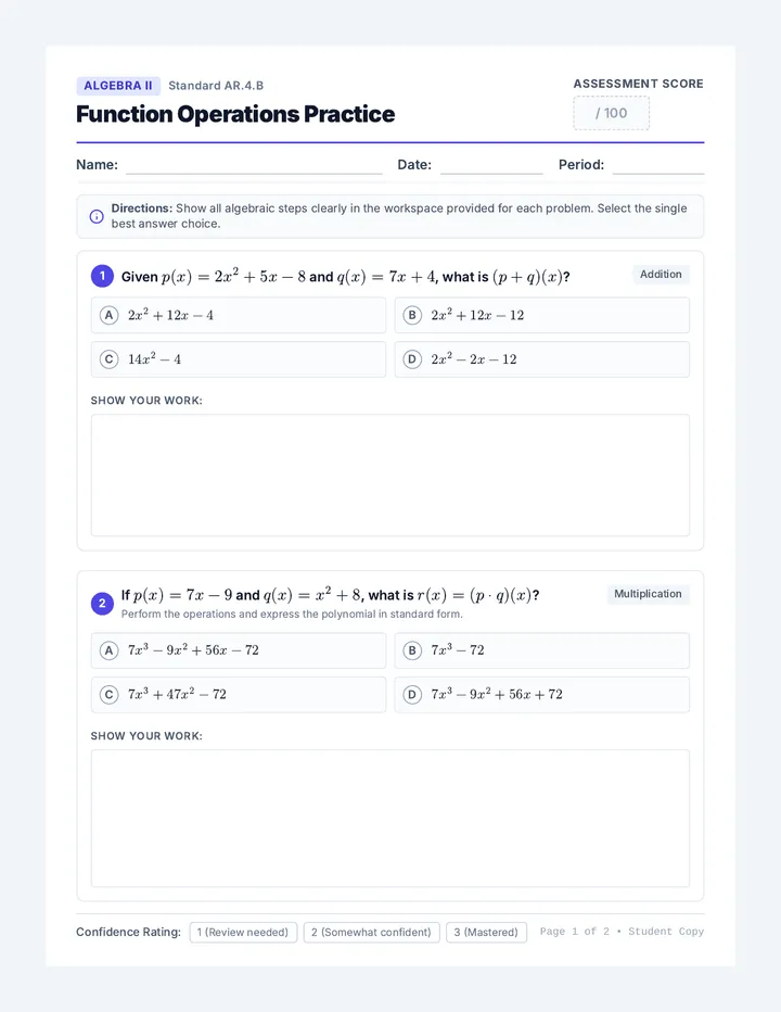 Function Operations Quiz
