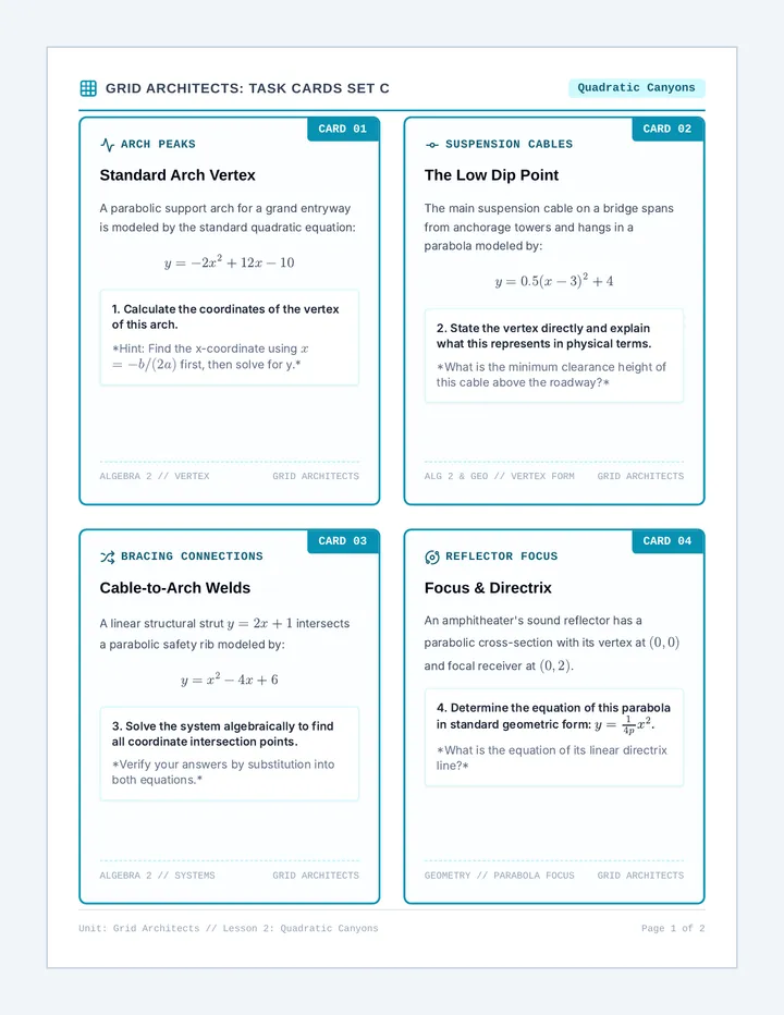 Quadratic Canyons Task Cards