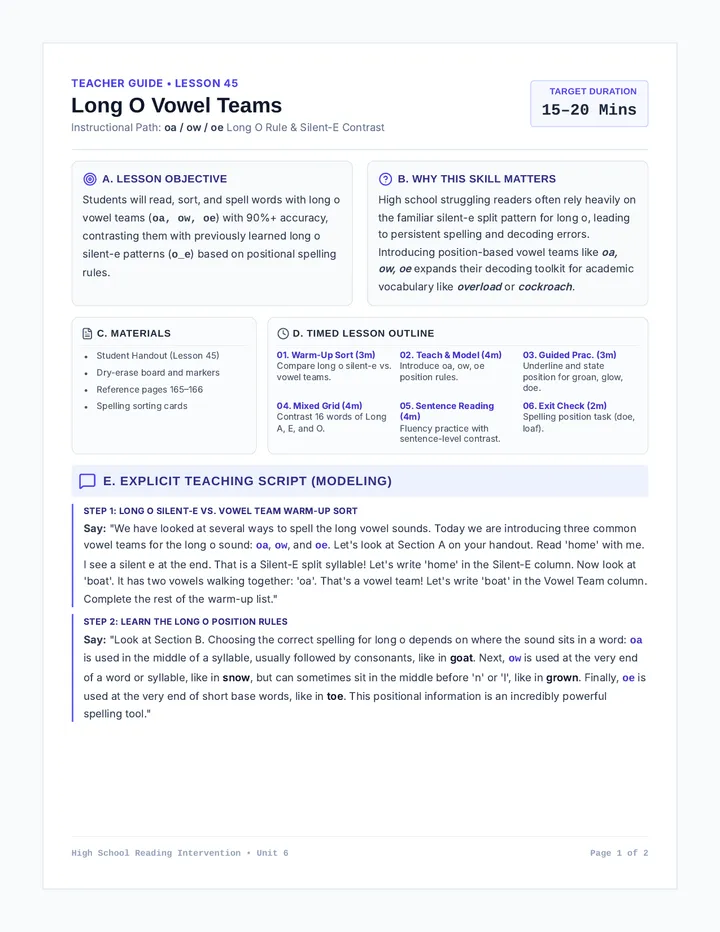 Vowel Team Introduction O Teacher Guide