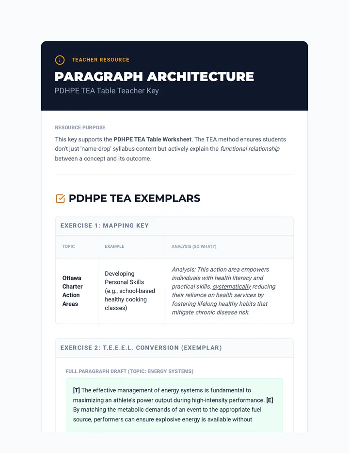 PDHPE TEA Table Teacher Key