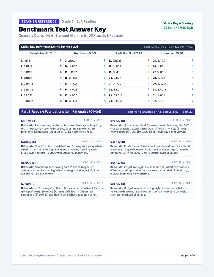 Reading Benchmark Answer Key