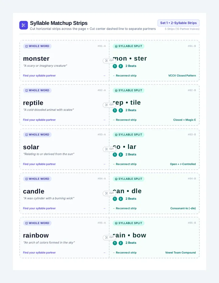 Syllable Match Activity Strips