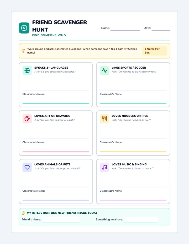 Friend Scavenger Worksheet
