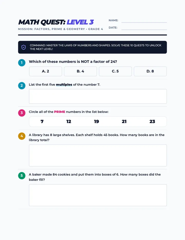 Math Quest Level 3 Worksheet
