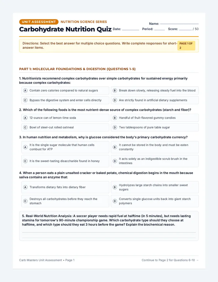Carbohydrate Nutrition Quiz