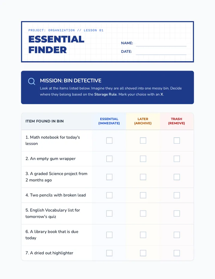 Essential Finder Worksheet