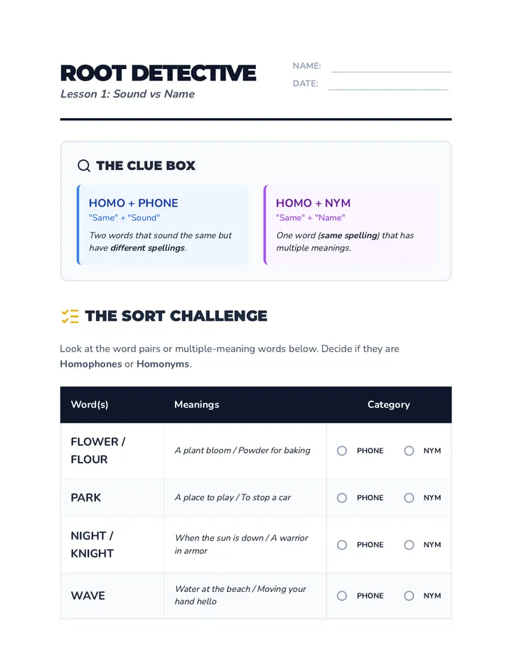 Root Detective Worksheet