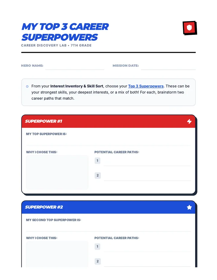 My Top 3 Career Superpowers Worksheet
