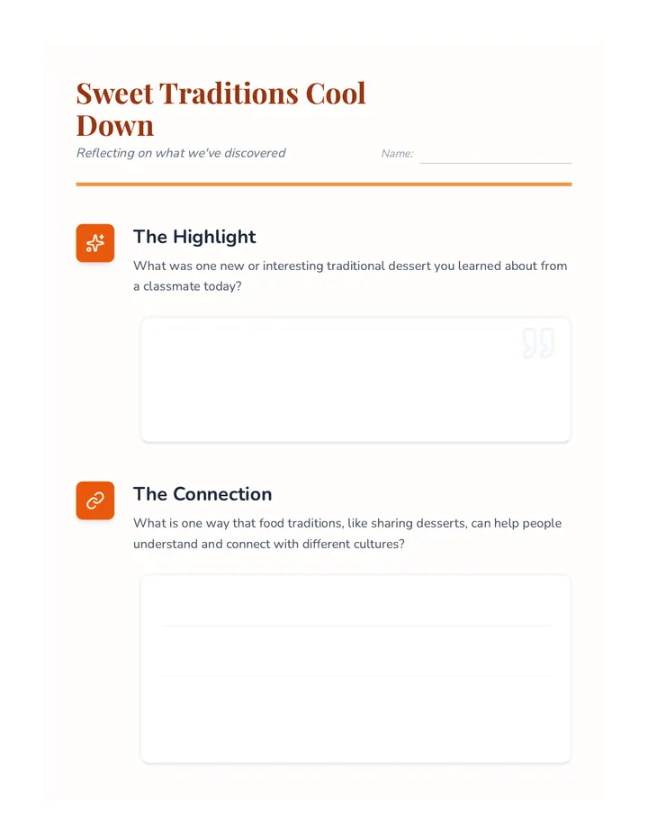Sweet Traditions Cool Down Exit Ticket