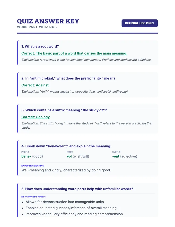 Word Part Whiz Quiz Answer Key