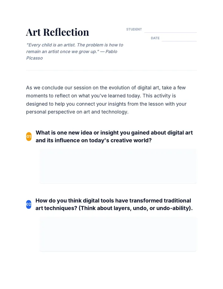 Art Reflection Cool Down Worksheet