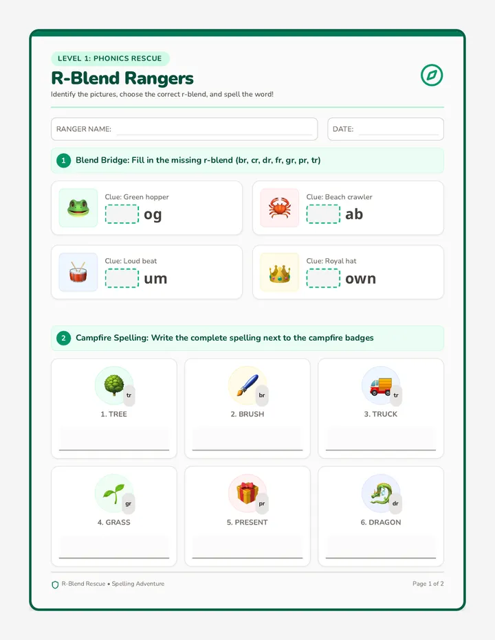 R Blend Rangers Worksheet