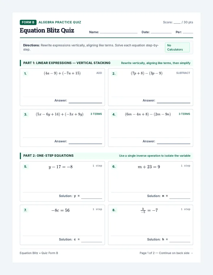 Equation Blitz Quiz B