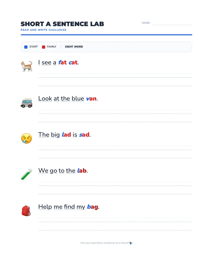 Short a Sentence Lab Worksheet