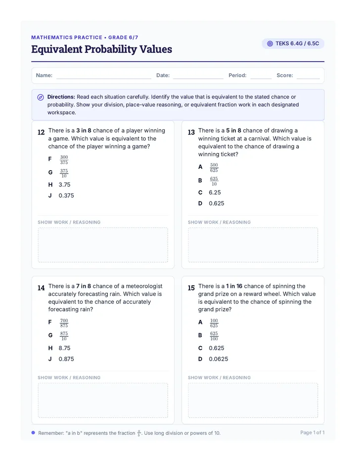 Equivalent Chance Practice Worksheet