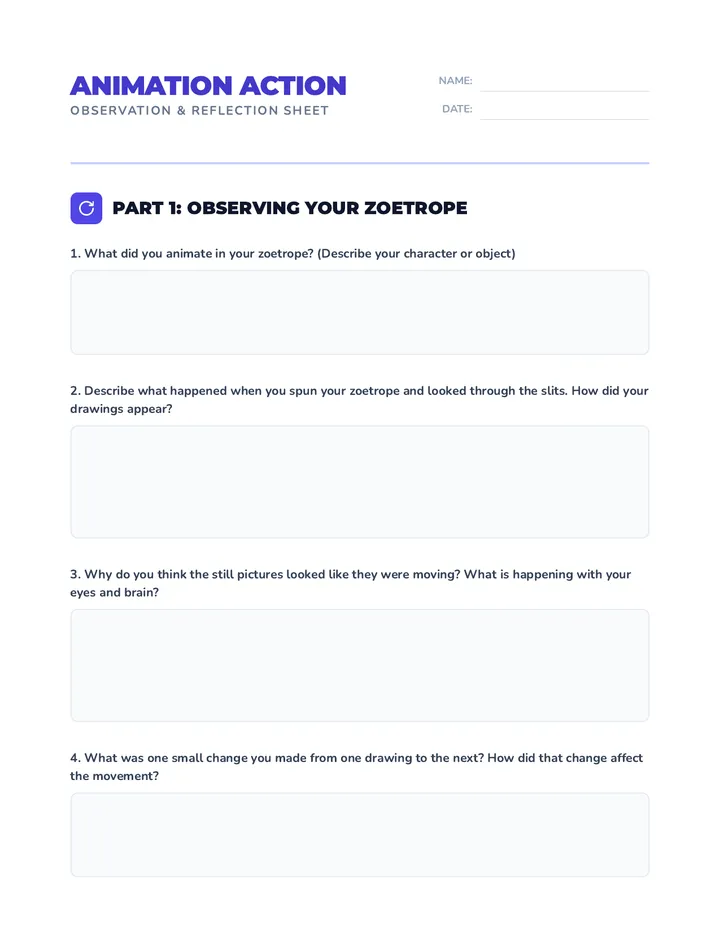 Animation Observation Sheet Worksheet